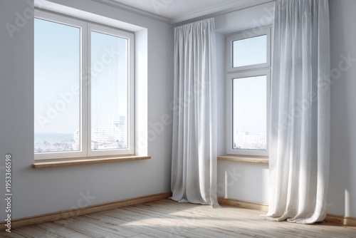 Bright room with large windows and white curtains offering a city view.
