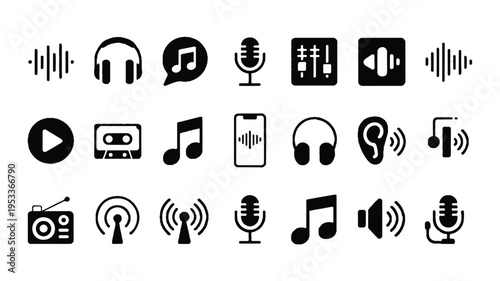 A stylized collection of audio icons featuring headphones, microphones, and musical notes on a white background with various sound waves.