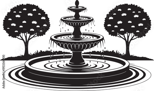 Elegant tiered fountain with flowing water and surrounding trees, creating a serene park or garden scene with water feature.