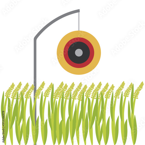 田んぼの鳥よけの風船と稲穂の収穫前の鳥害対策イメージイラスト