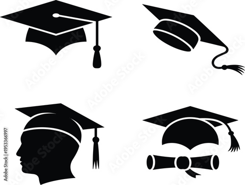 Graduation cap and diploma icons, academic student achievement silhouette set for education success vector