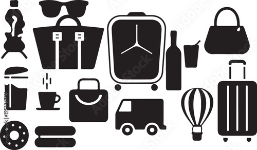 Collection of vacation and travel related icons including suitcases, bags, sunglasses, hot air balloon, and vehicle for holiday trips