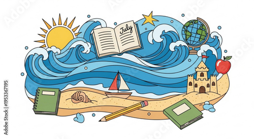A colorful vector illustration of a beach scene with books, school supplies, and summer elements