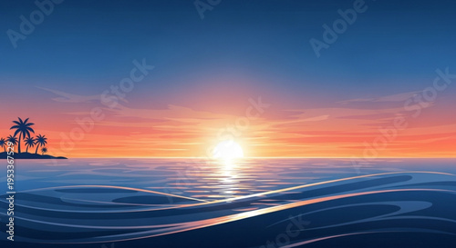 A serene tropical island at sunset with palm trees and calm ocean waves