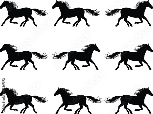 Set of black galloping horse silhouettes featuring stallions in fast motion with flowing manes and tails isolated on white background for equestrian design