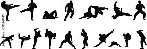 Martial arts silhouette illustration, fifteen dynamic combat poses with kicks, punches, and stances, self-defense training theme, vector art, black isolated bold design