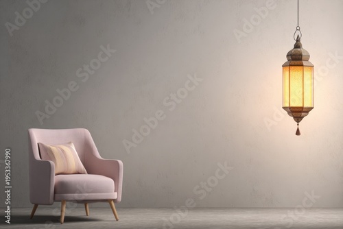 Lighted lantern hangs above a pink armchair against a plain wall.
