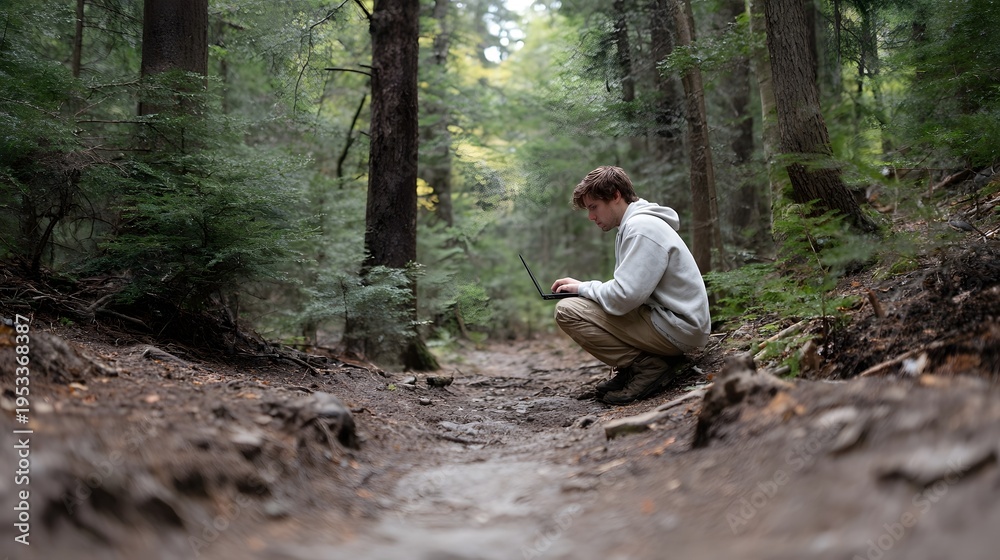 Fototapeta premium Young man crouching on a forest path engrossed in work on his laptop computer