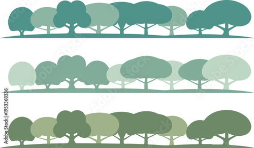 Stylized trees in various shades of green forming a forest silhouette against a transparent background, nature landscape