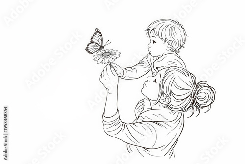 Line art sketch of mother lifting child to touch butterfly on flower with copy space