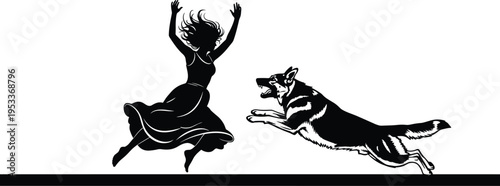 Woman running from dog silhouette, fear and danger concept, aggressive animal chasing human, dramatic scene, black vector illustration action design