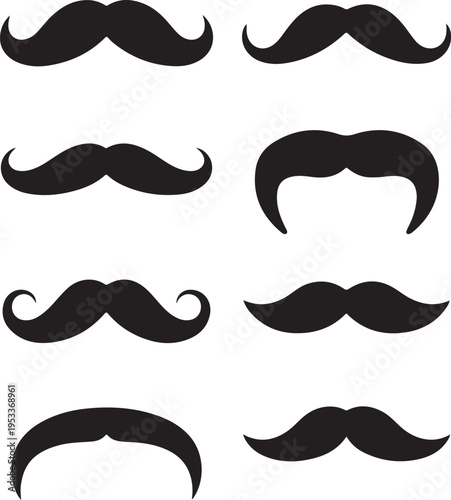 Collection of mustache styles and shapes, vintage gentleman facial hair icons, black silhouette for men grooming or retro theme