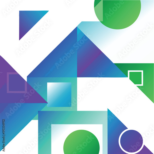 Geometric abstract with blended colors of blue, purple, and green on white