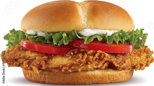 Crispy fried chicken sandwich with fresh lettuce and tomato on a soft bun, perfect for delicious meal ideas and quick service dining experiences
