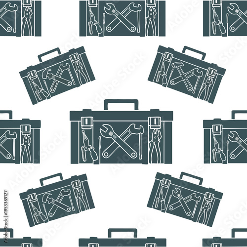 Seamless pattern of toolboxes with wrenches, pliers, and screwdrivers