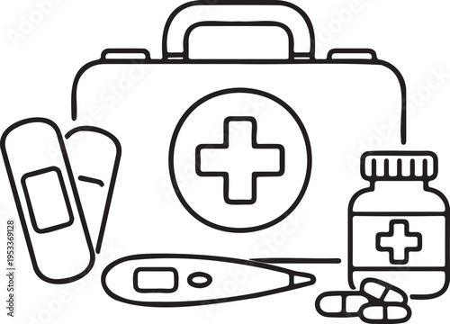 A simple black and white line drawing depicts a medical kit with common healthcare supplies symbolizing health and wellness