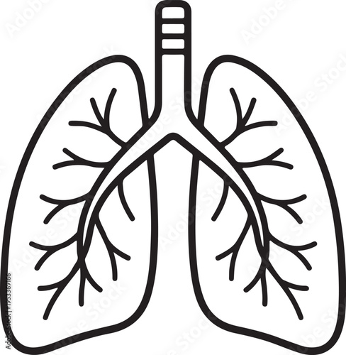 A simplified black and white line drawing depicts a pair of human lungs with a branching bronchial tree