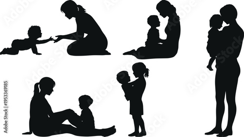 Parent and child silhouette illustration, five nurturing poses showing care, bonding, and growth, family connection theme, vector art, black isolated bold design