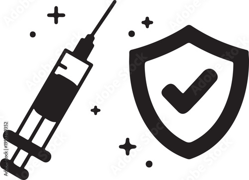 A black and white illustration depicts a syringe and a shield with a checkmark symbolizing vaccine protection high-quality