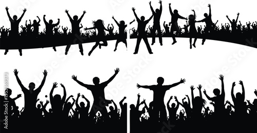 Black Vector Silhouettes of Cheering Crowds Featuring People Jumping Dancing and Raising Hands in Celebration for Music Concerts Festivals Sporting Events and Party Backgrounds