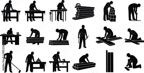 carpenter worker silhouettes set, woodworking tools cutting assembling, industrial labor activities, furniture production, building construction, engineering work, professional craftsmen concept