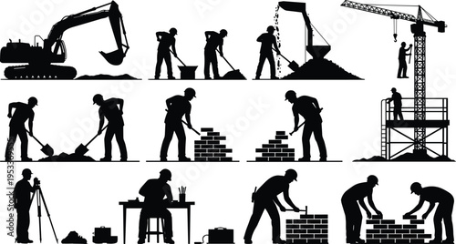 construction worker silhouettes set, excavator crane bricklaying tools, industrial labor activities, building site workforce, engineering construction, manual work, professional workers concept