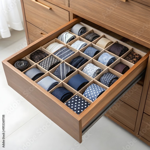 Wooden drawer organizer filled with different neckties neatly arranged in compartments