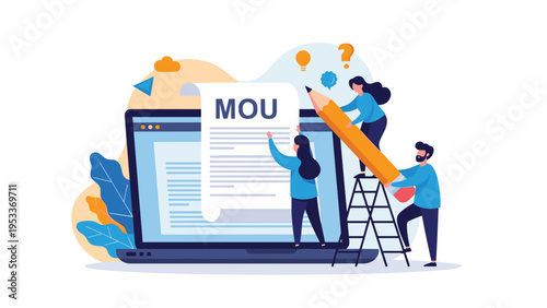 Small business people working together on a large laptop screen to finalize a memorandum of understanding legal document.