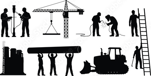 construction worker silhouettes set, crane welding ladder heavy equipment, industrial labor activities, building site workforce, engineering construction, manual work, professional workers concept