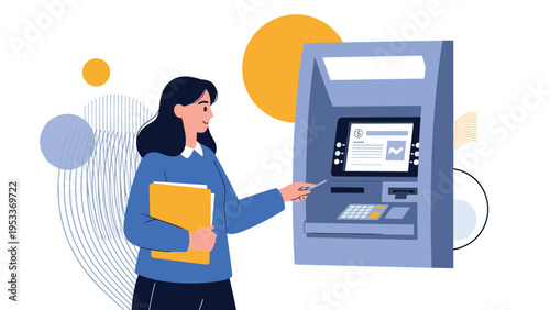 Young woman in casual blue sweater using an automated teller machine to withdraw money or check bank account balance.