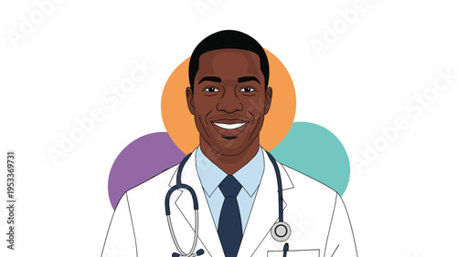 Friendly Black male doctor wearing a white lab coat and stethoscope smiling warmly against a colorful circular background.
