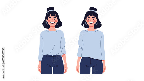 Two identical young women with dark hair and blue sweaters stand side by side with friendly smiles on a clean white background.