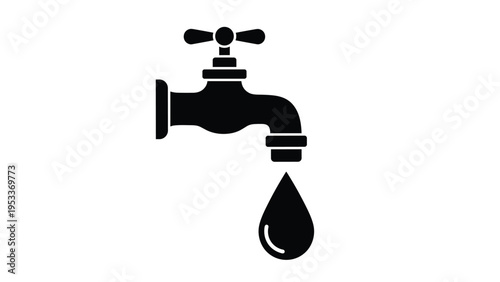 Minimalist black silhouette of a classic water faucet with a single droplet of water falling to emphasize conservation and plumbing.