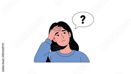 Young woman in a blue shirt looks confused and holds her hand to her forehead with a question mark in a thought bubble nearby.