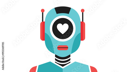 Close up portrait of a friendly blue robot head featuring a white heart symbol in its large central eye lens and red ears.