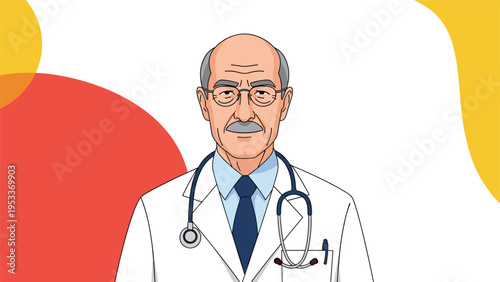 Professional portrait of an experienced senior male doctor wearing a white lab coat with a blue tie and a stethoscope around his neck.