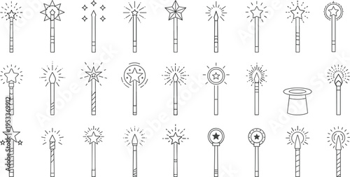 Magic Wand Icon Set Featuring Various Star and Sparkle Designs with a Magician Hat in Black and White Line Art Style for Fantasy Graphics