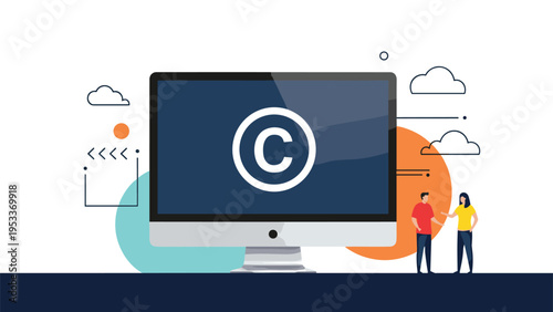 Large computer monitor displays a white copyright symbol as a man and woman stand nearby discussing intellectual property and legal rights.