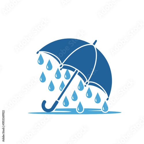 Blue umbrella protecting from heavy rain drops.