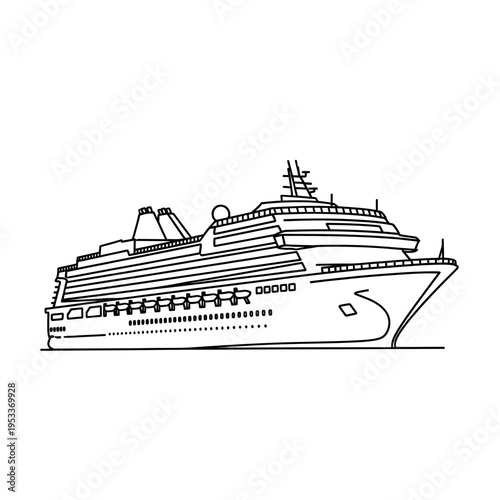 Detailed Outline Drawing of a Large Cruise Ship Sailing on the Ocean.