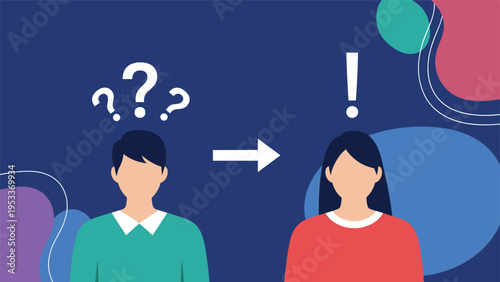 Communication concept shows a man with question marks over his head pointing an arrow towards a woman with an exclamation mark above her.