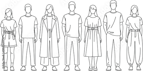 Diverse people line art illustration, casual clothing characters set, modern fashion outfit collection, men and women standing, minimal outline design