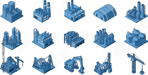 Isometric Industrial Icon Set Featuring Blue Factory Buildings Power Plants Oil Refineries Warehouses Construction Cranes Excavators and Heavy Machinery for Engineering and Logistics Projects
