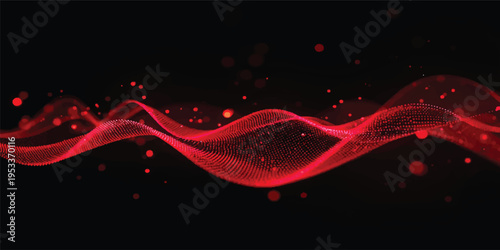 A flowing red abstract background features glowing fractal waves and fire-like curves of light that create a motion effect across a black backdrop with an elegant pattern of lines