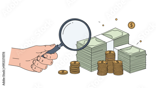 Hand uses a large magnifying glass to inspect a significant stack of cash and coins representing a detailed financial audit review.