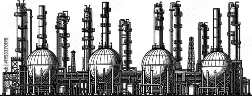 Vintage Style Black and White Woodcut Illustration of a Large Industrial Oil Refinery Featuring Distillation Towers Storage Tanks Pipelines and Chemical Processing Plant Equipment