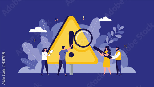 Group of employees uses a large magnifying glass to inspect a giant yellow triangular warning sign with an exclamation mark for risks.