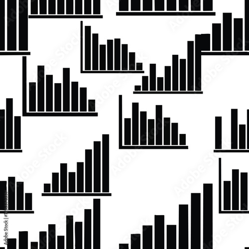 Numerous black bar charts of varying heights arranged across white space