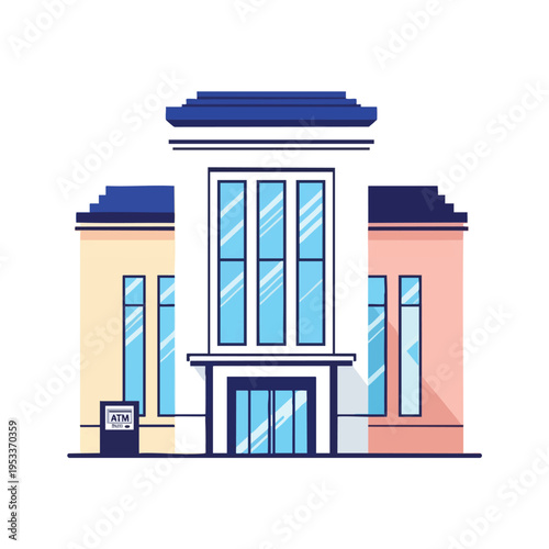 Minimalist flat illustration of a modern building with an ATM