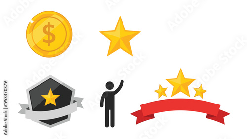 Collection of various gamification and reward icons including a dollar coin, gold stars, a badge, and an achiever.